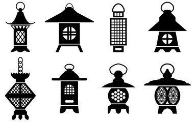 Vector silhouette of asian lanterns and lamps isolate on white background. Set of traditional asian decorative hanging lanterns made of metal or wood.