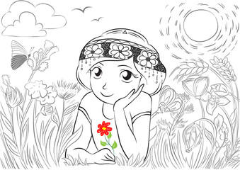 Girl in nature with flower in hands