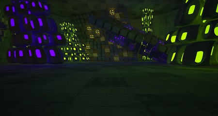 Naklejka premium Abstract Concrete Futuristic Sci-Fi interior With Green And Violet Glowing Neon Tubes . 3D illustration and rendering.