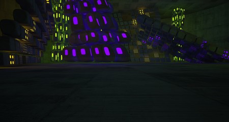 Abstract  Concrete Futuristic Sci-Fi interior With Green And Violet Glowing Neon Tubes . 3D illustration and rendering.
