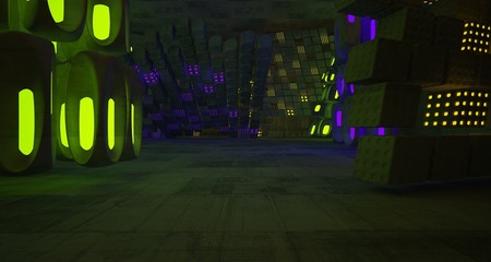 Abstract  Concrete Futuristic Sci-Fi interior With Green And Violet Glowing Neon Tubes . 3D illustration and rendering.