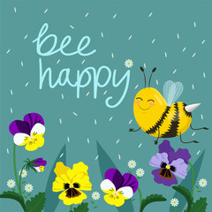 Fototapeta na wymiar Happy Bee Vector Illustration. Hand Lettered Text with Bees. Vector postcard