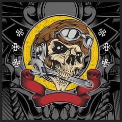 Skull with motorcycle helmet biting the wrench - Vector