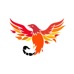 Icon retro style illustration of a mythical phoenix or firebird of Greek mythology with a tail of a scorpion or venomous stinger flying up on isolated background.