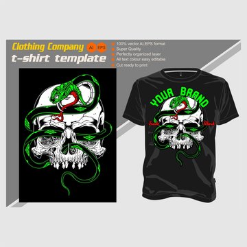 T-shirt template, fully editable with skull snake vector