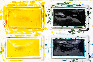 Set watercolor paints with paintbrush. Art concept