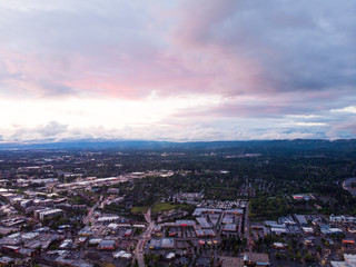 city ​​at sunset after rain, a top view from a quadrocopter