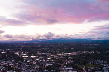 city ​​at sunset after rain, a top view from a quadrocopter