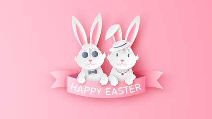 Cute bunny couple with text title Happy Easter on paper ribbon space. Happy Easter card. paper cut and craft style. vector, illustration.