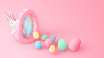 Variety color Easter eggs go out from egg-shape magic gate to celebrate the Easter and bunny sneak behind. paper cut and craft style. vector, illustration.