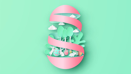 Abstract landscape with bunny family and Easter eggs decorated in roll paper craft form egg-shape. Creative design for Easter day in paper art. paper cut and craft style. vector, illustration.