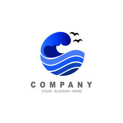 summer, sea, bird and waves. abstract logo and icon blue design template