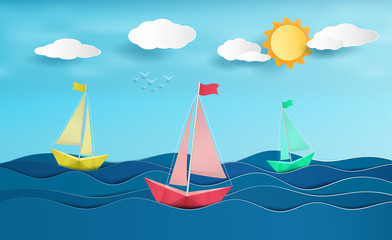 Paper sailboat sailing on the ocean. And a view of nature that bright summer. and As origami or paper cut and used as an illustration or background