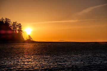 sun setting behind silhouette of forest on the orange sky on the sandy beach with water level start to rise.