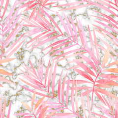 Nahtloses Muster des Sommers: tropische Blätter des Aquarells, digitale Goldglitter-Marmorpapierbeschaffenheit