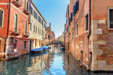 Fototapeta na wymiar View of Canal Rio Priuli o de Santa Sofia and bridge. Venice. Italy