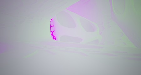 Abstract  white Futuristic Sci-Fi interior With Pink And Green Glowing Neon Tubes . 3D illustration and rendering.