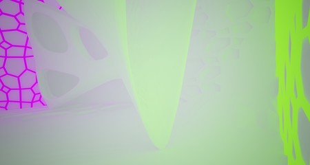 Abstract  white Futuristic Sci-Fi interior With Pink And Green Glowing Neon Tubes . 3D illustration and rendering.