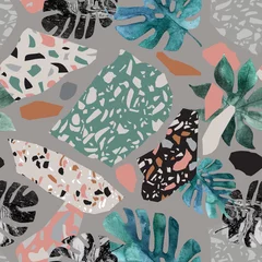 Fototapeten Tropische Aquarellblätter, gedrehte geometrische Formen, Terrazzo-Bodenelemente nahtloses Muster © Tanya Syrytsyna
