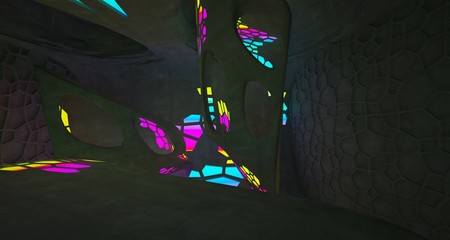 Abstract  Concrete Futuristic Sci-Fi interior With Gradient Glowing Neon Tubes . 3D illustration and rendering.