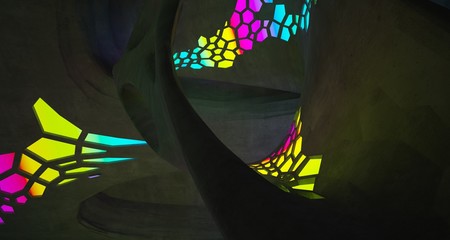 Abstract  Concrete Futuristic Sci-Fi interior With Gradient Glowing Neon Tubes . 3D illustration and rendering.