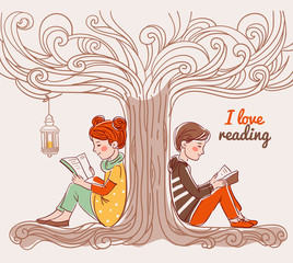 Cute boy and girl reading books under the tree