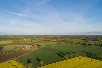 Drones flight and aerial view over a rape field