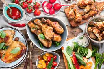 Grilled chicken legs and wings