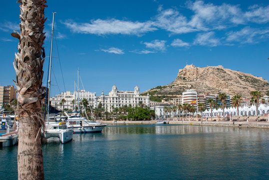Blick &uuml;ber den Hafen von Alicante zu Casa Carbonell und der Burg, Spanien