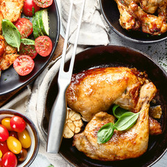 Grilled chicken meat meals on table. Top view