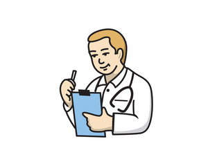 Medical Doctor Holding A Clipboard Illustration Logo In White Isolated Background