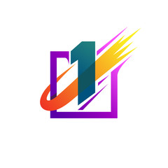 Speed number design logo, swoosh, square, speed, and number 1