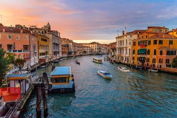 View of Grand Canal from Bridge Ponte dell'Accademia on sunset. Venice. Italy