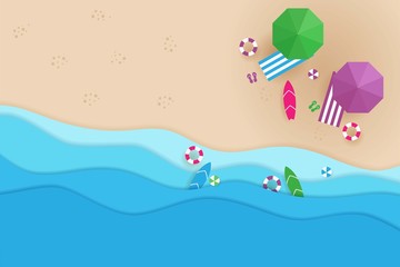 Beach top view in paper style summer holidays concept - Vector