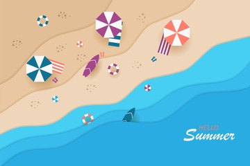 Fototapeta na wymiar Beach top view in paper style with umbrellas, balls, swimming rings, skateboards, sandals and the sea. - Vector