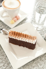 Fresh piece of chocolate cake on white plate