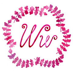 English alphabet (letter W), isolated on a white background, in an elegant frame, handwritten. Watercolor drawing. For design of posters, books, cards, invitations