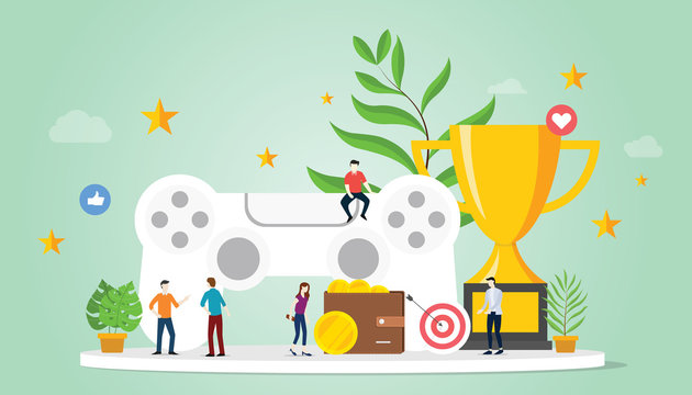 gamification life concept with goals reward and star with team people and big trophy with modern flat style - vector