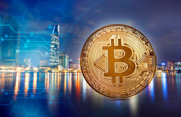 Bitcoins over blurred city