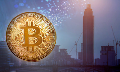 Bitcoins over blurred city