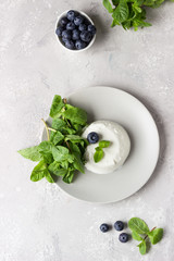 Italian ricotta cheese on grey plate with fresh blueberries and mint on light grey background....