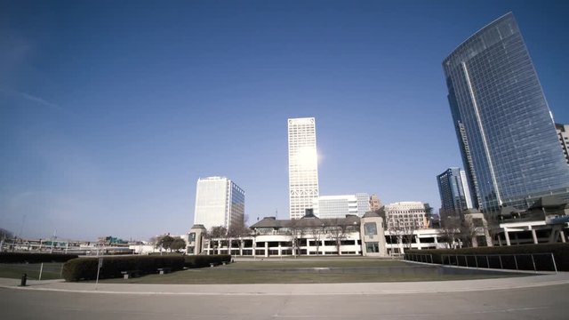 Pan Right Sunrise Sun Shining of Milwaukee City Skyline MKE Buildings
