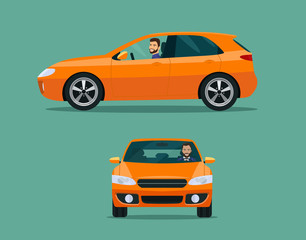 Oranje hatchback auto twee hoek set. Auto met zijaanzicht bestuurder man