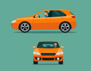 Foto op Canvas Oranje hatchback auto twee hoek set. Auto met zijaanzicht bestuurder man © lyudinka