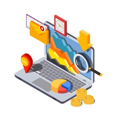 Vector image of a isometric style laptop with icons of envelope, graphics, money, magnifier, clock and arrow on a white background. The concept of  successful remote business work. Vector illustration