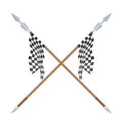 Two spears with flagon a white background. Vector illustration of a heraldic sign - crossed spears and flag. Cartoon vector illustration