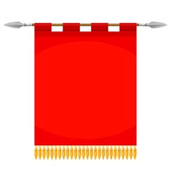 Vector illustration of a red flag hanging from a golden pole on a white background. Heraldic symbol knight of glory. Sign of nobility. Banner with empty space. Banner in the medieval style