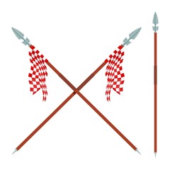 Two spears with red  flag on a white background. Vector illustration of a heraldic sign - crossed spears and flag. Cartoon vector illustration