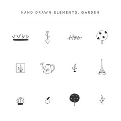 Vector logo elements set. Hand drawn garden isolated illustrations.