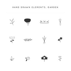 Hand drawn garden isolated illustrations. Vector logo elements set.